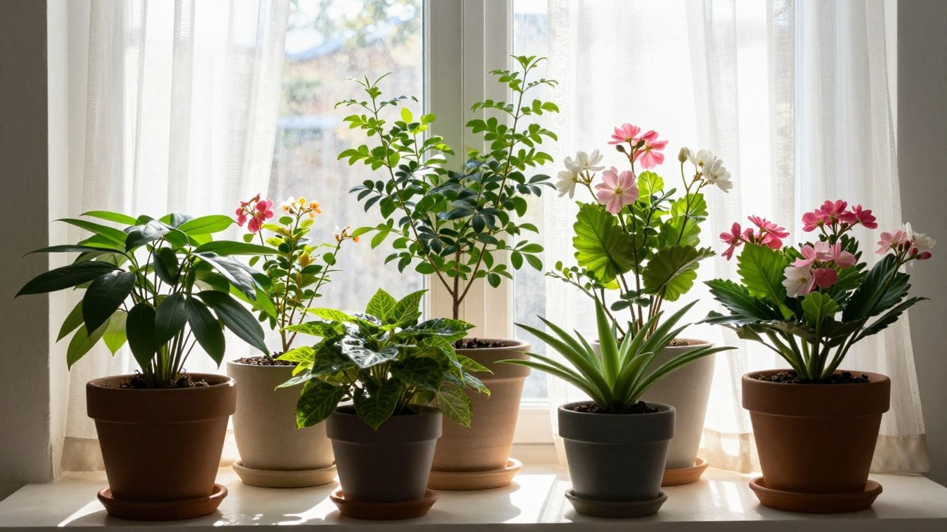 Sunlit flowering plants beside a bright window