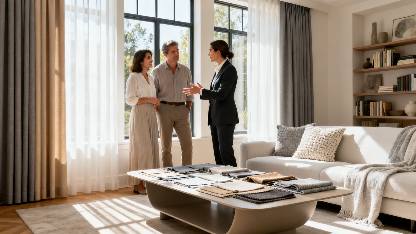 Window covering consultation in a bright modern home
