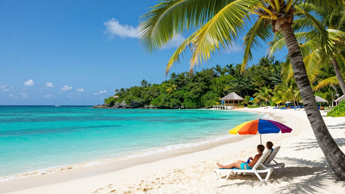 Couple relaxing on a sunny beach with palm trees.