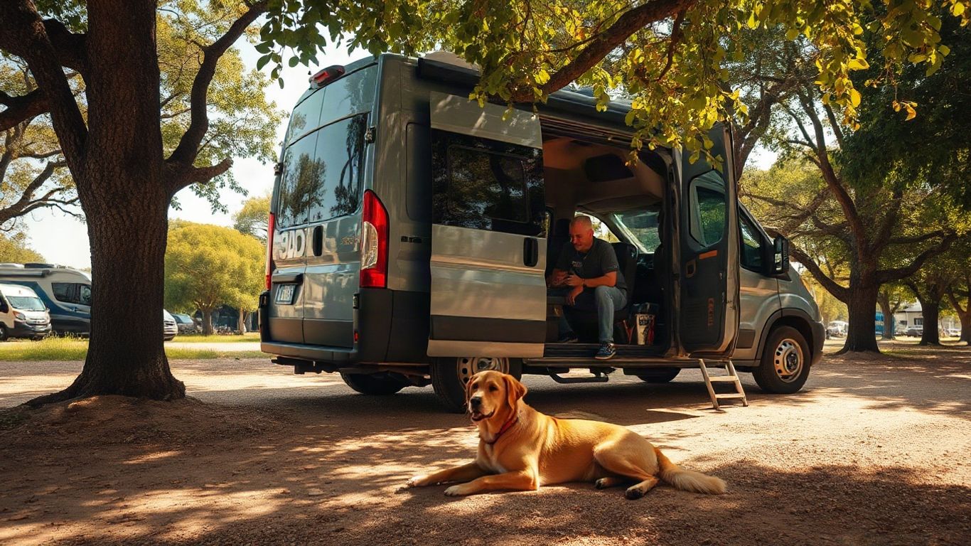 Dog resting in the shade beside an open van