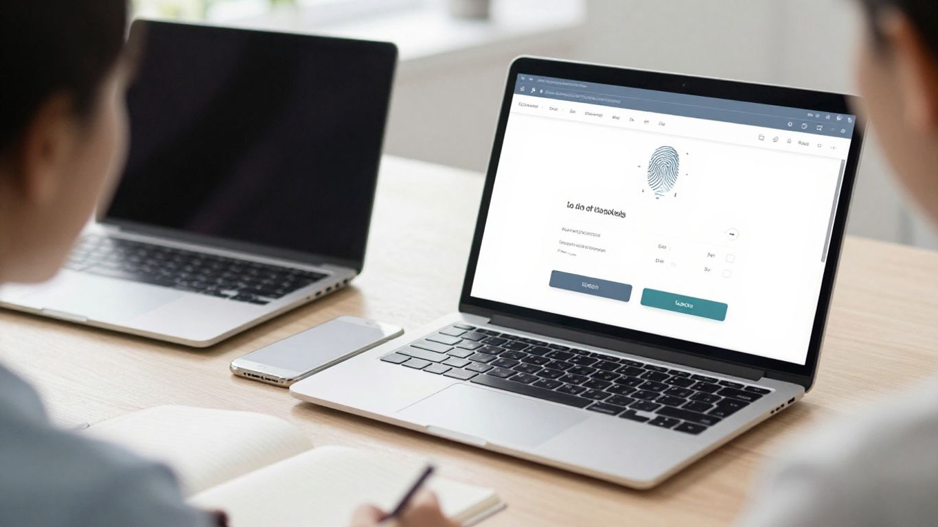 Laptop and phone with login screens and security icons.