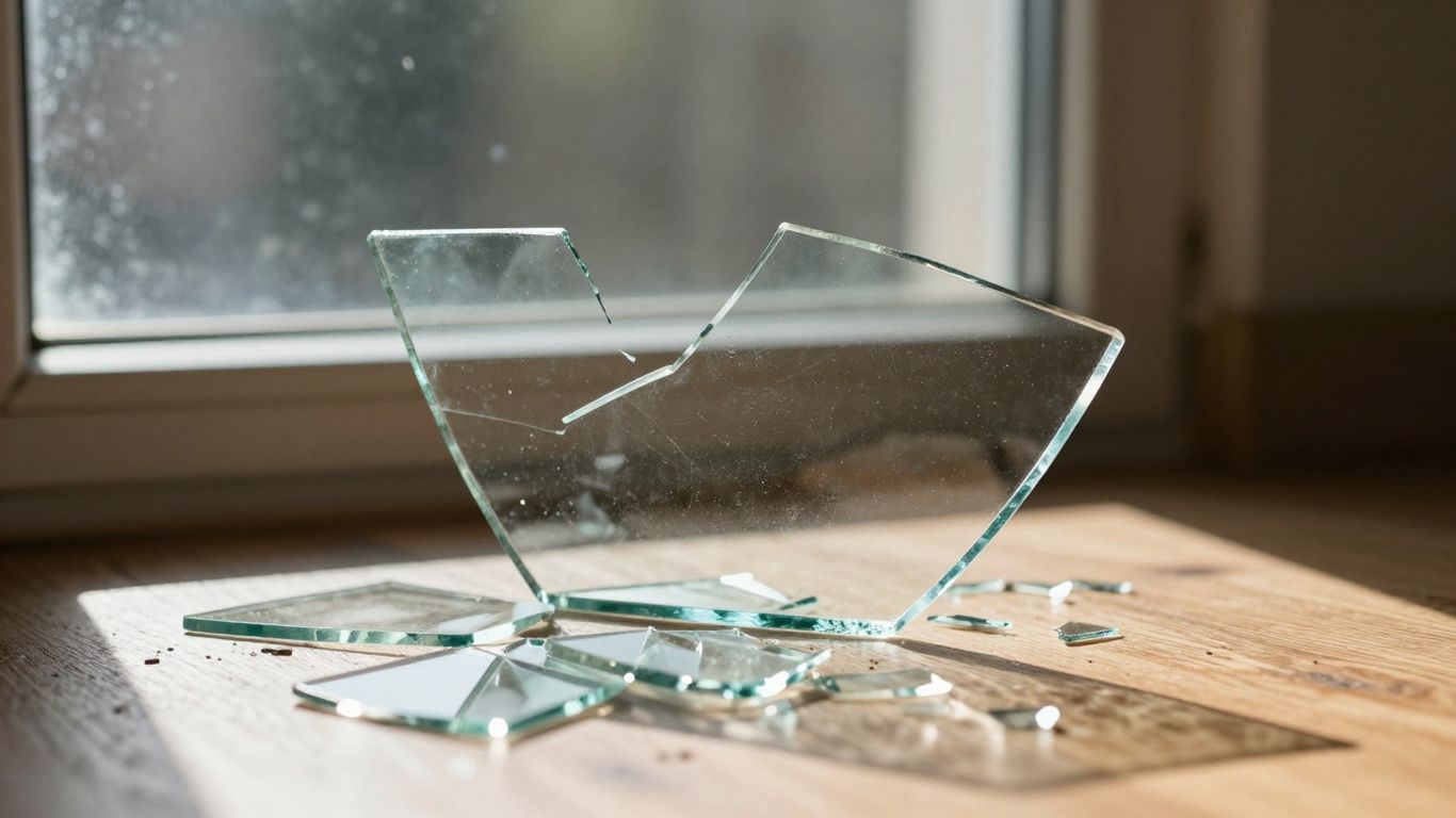Cristal roto en un suelo de madera.