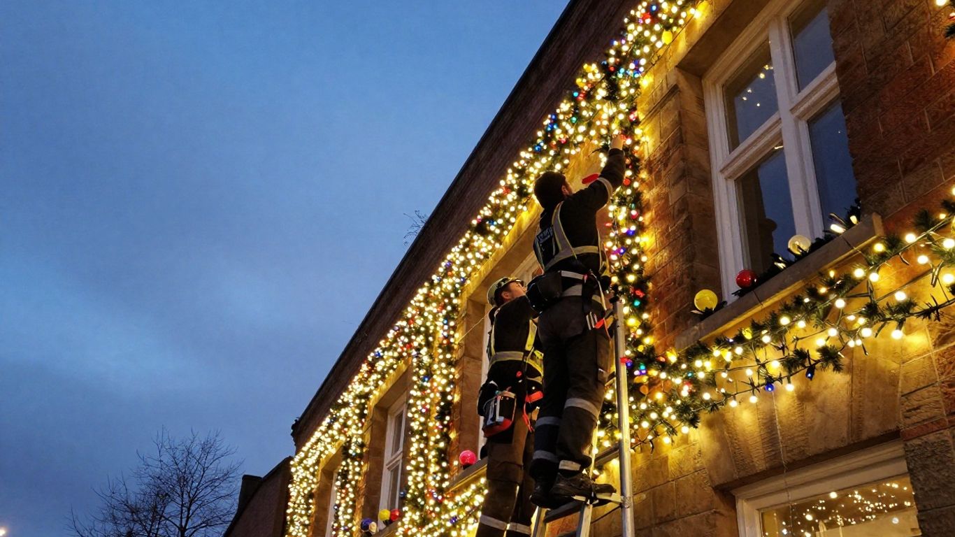 Commercial Christmas lights being installed on a building.