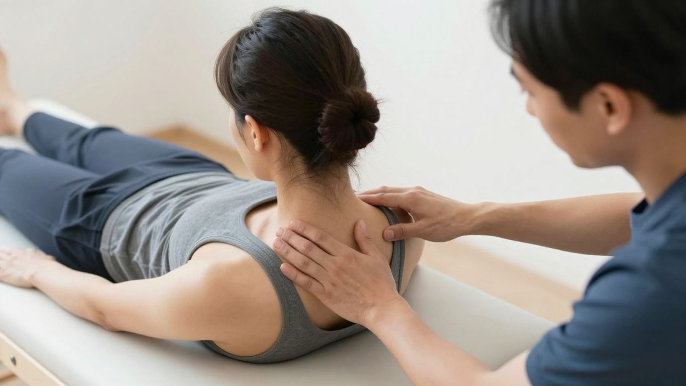 Physical therapist assisting patient with spinal alignment exercise.