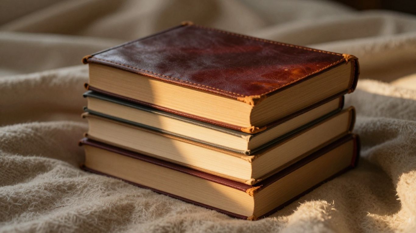 Cozy book stack with warm lighting and wine red accents.