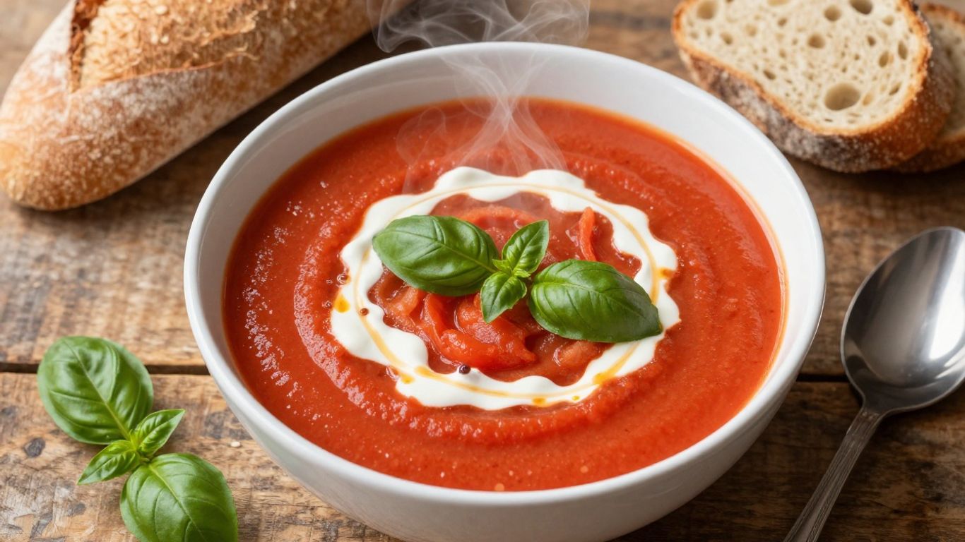 Lightened-up tomato soup with basil and whole-wheat bread.