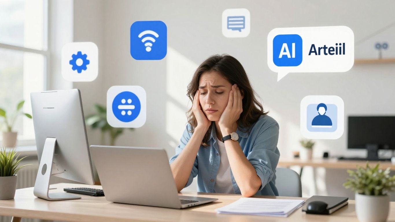 Small business owner smiling, AI tools floating around.