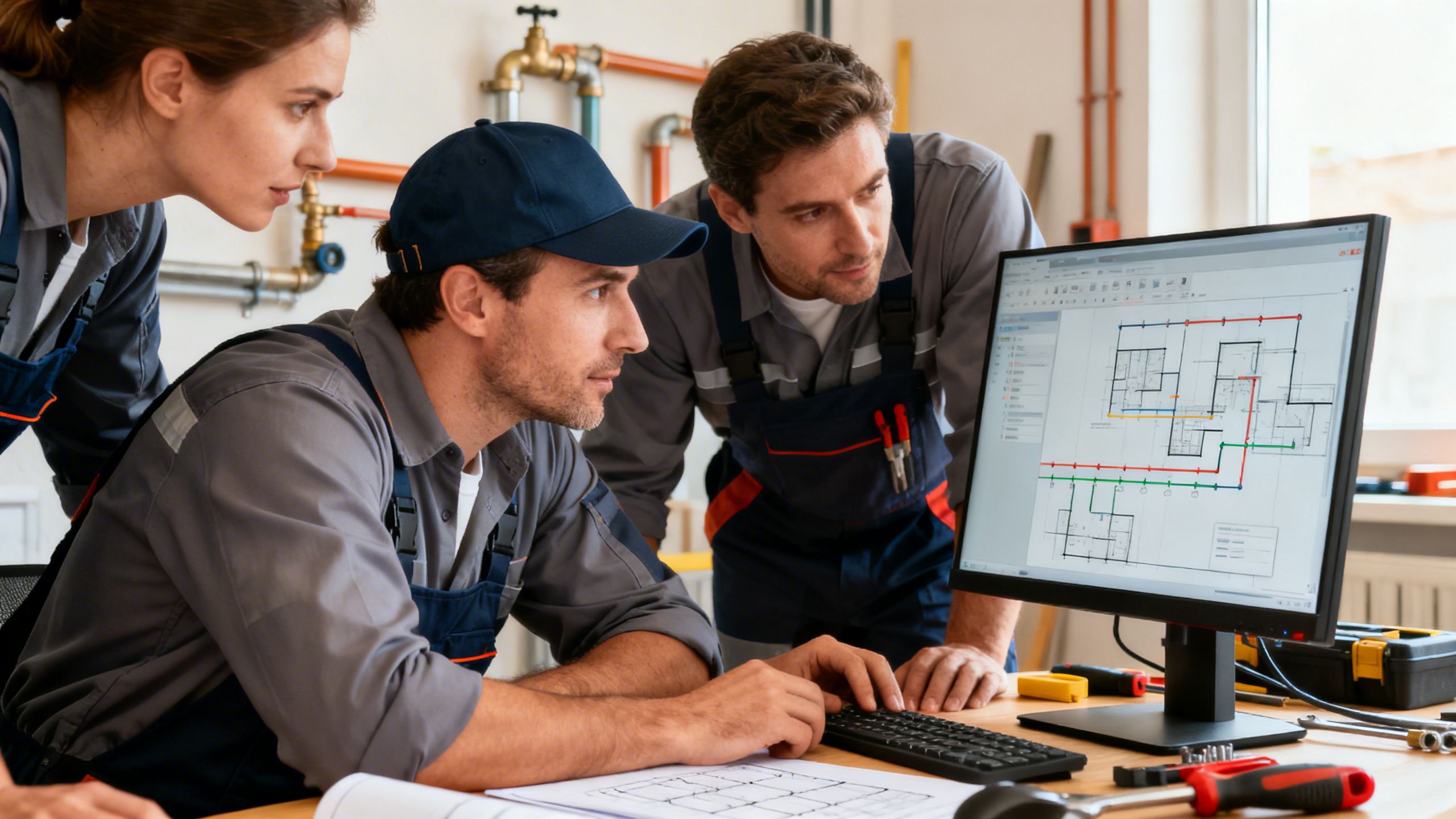 A team of plumbers collaborating in an office, looking at a shared screen displaying project timelines.