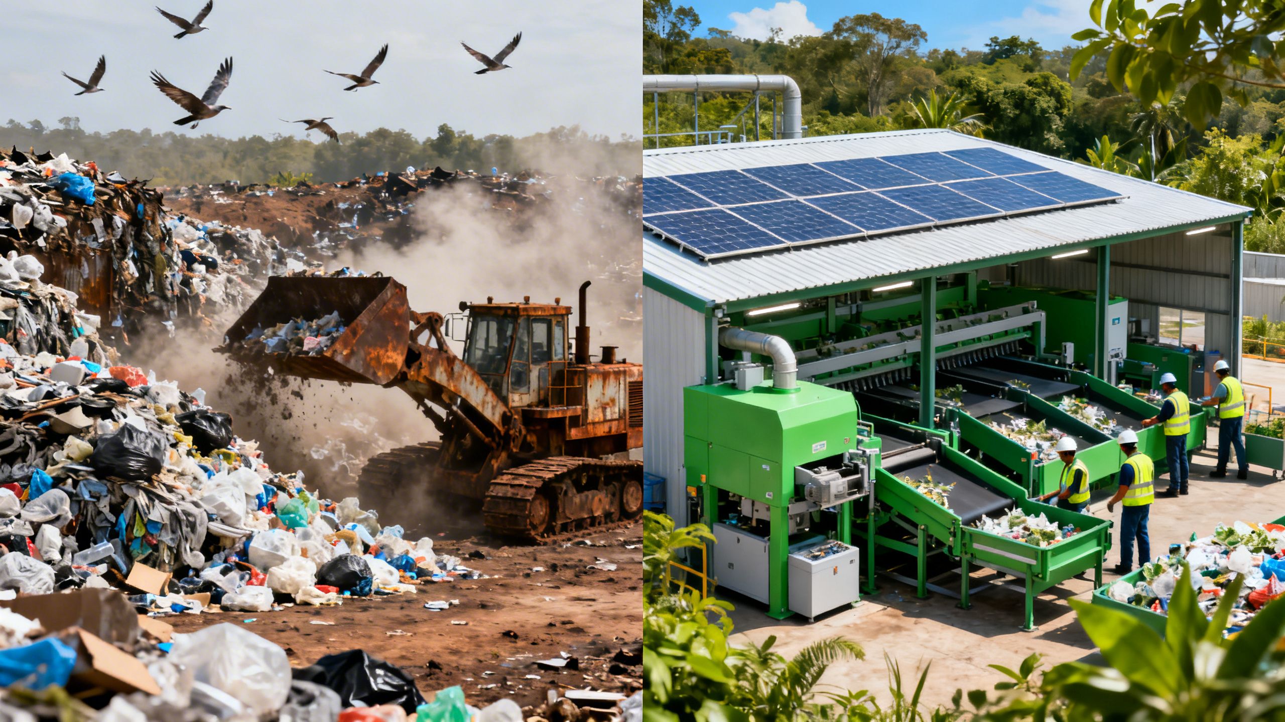 A split image showing a traditional plastic-filled landfill on one side and a clean, green recycling facility on the other, representing future-proofing a business.