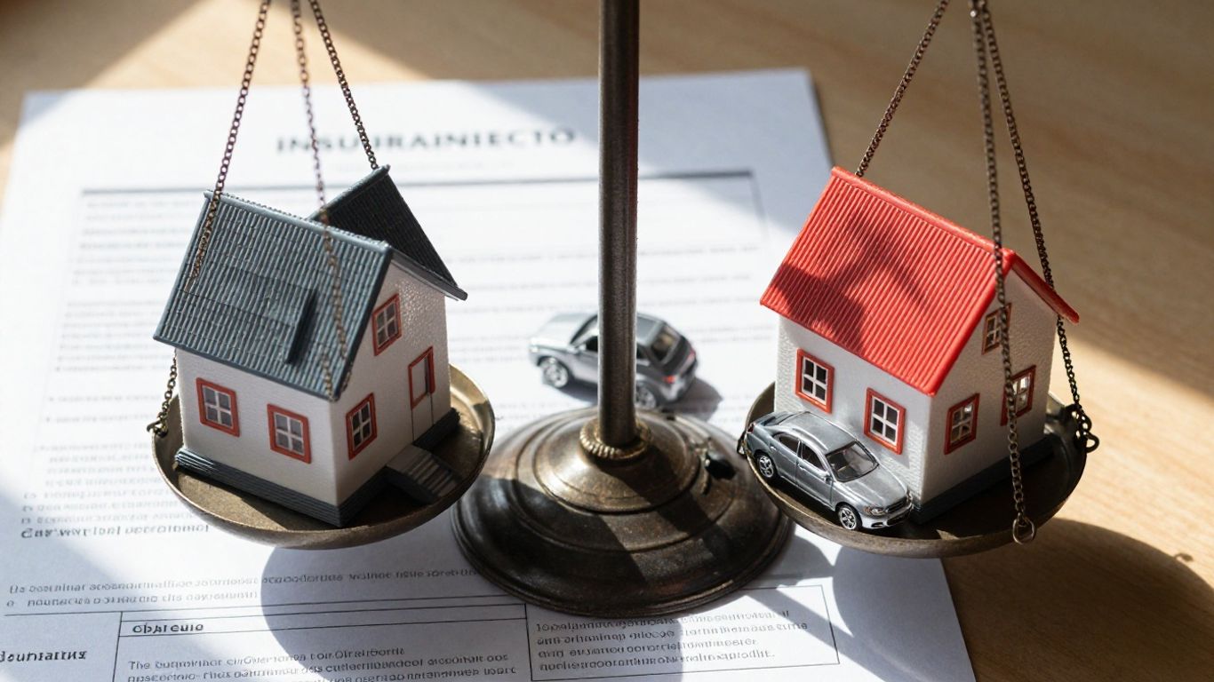 Balanza con documentos de seguro y bienes.