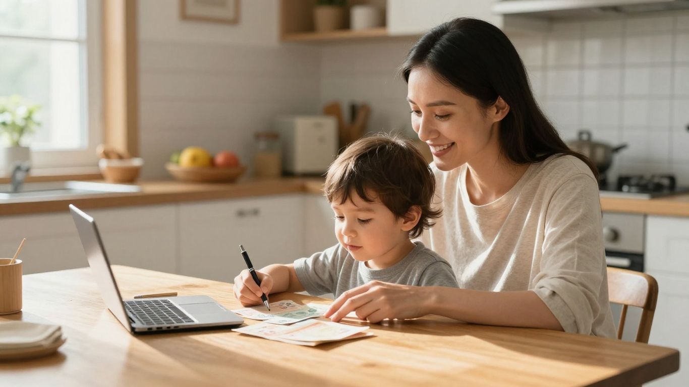 Madre soltera planificando finanzas con su hijo.