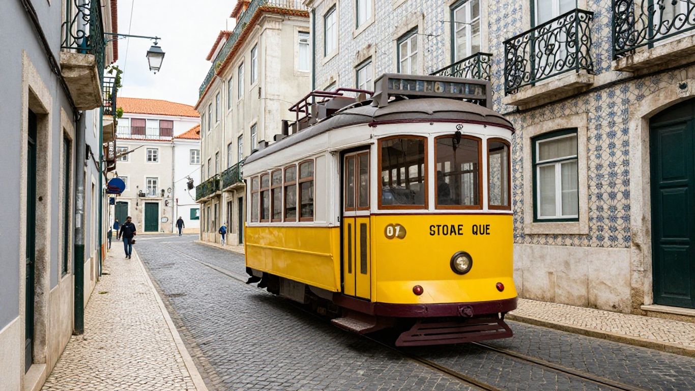 Lisbon Tram 28 on a sunny street