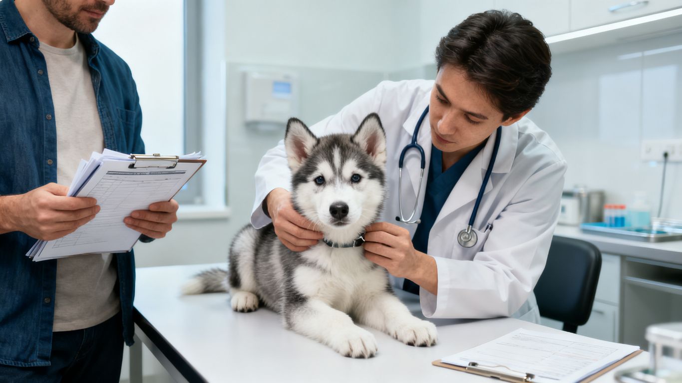 Husky puppy examination with veterinary records