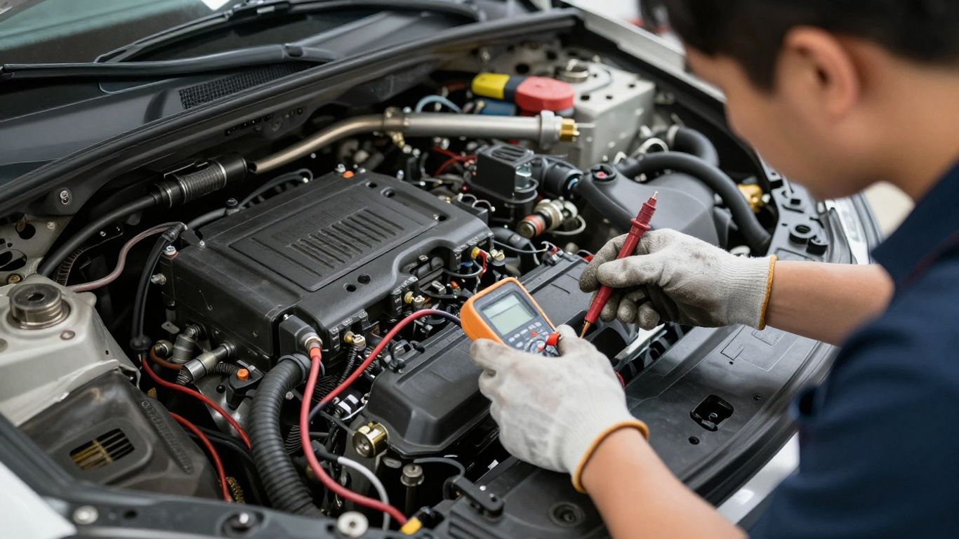 Technician testing ECU wiring in workshop