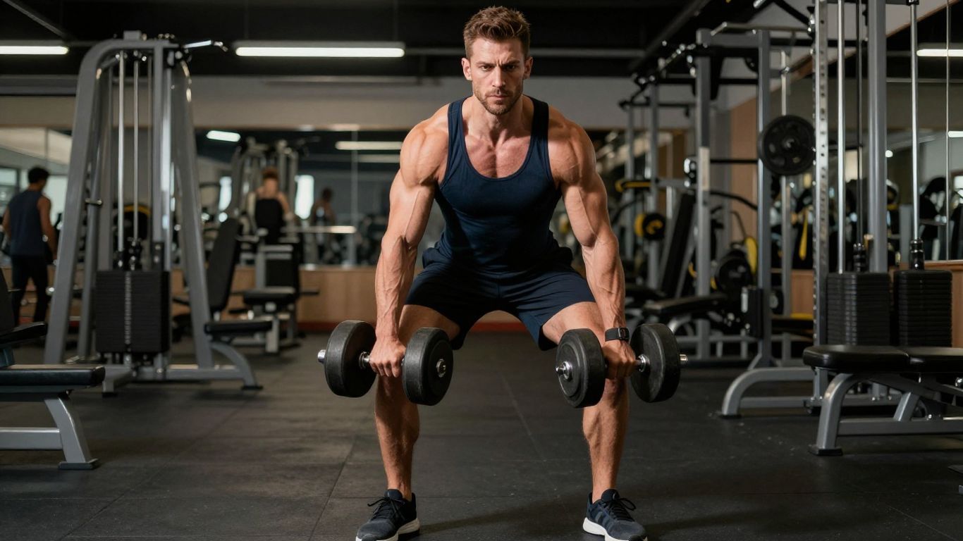 Man performing dumbbell upright row exercise.