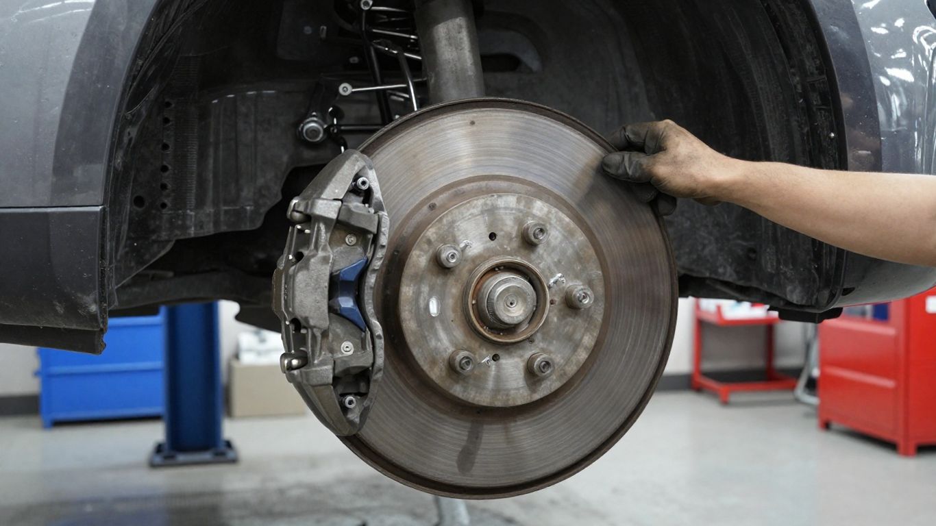 Mechanic inspecting front brake disc and caliper