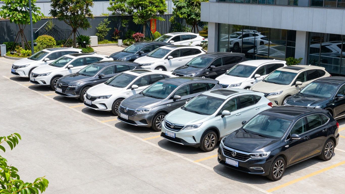 A diverse fleet of rental cars parked outdoors