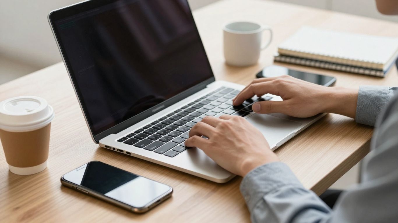 Bureau moderne avec ordinateur portable, smartphone et tasse à café.