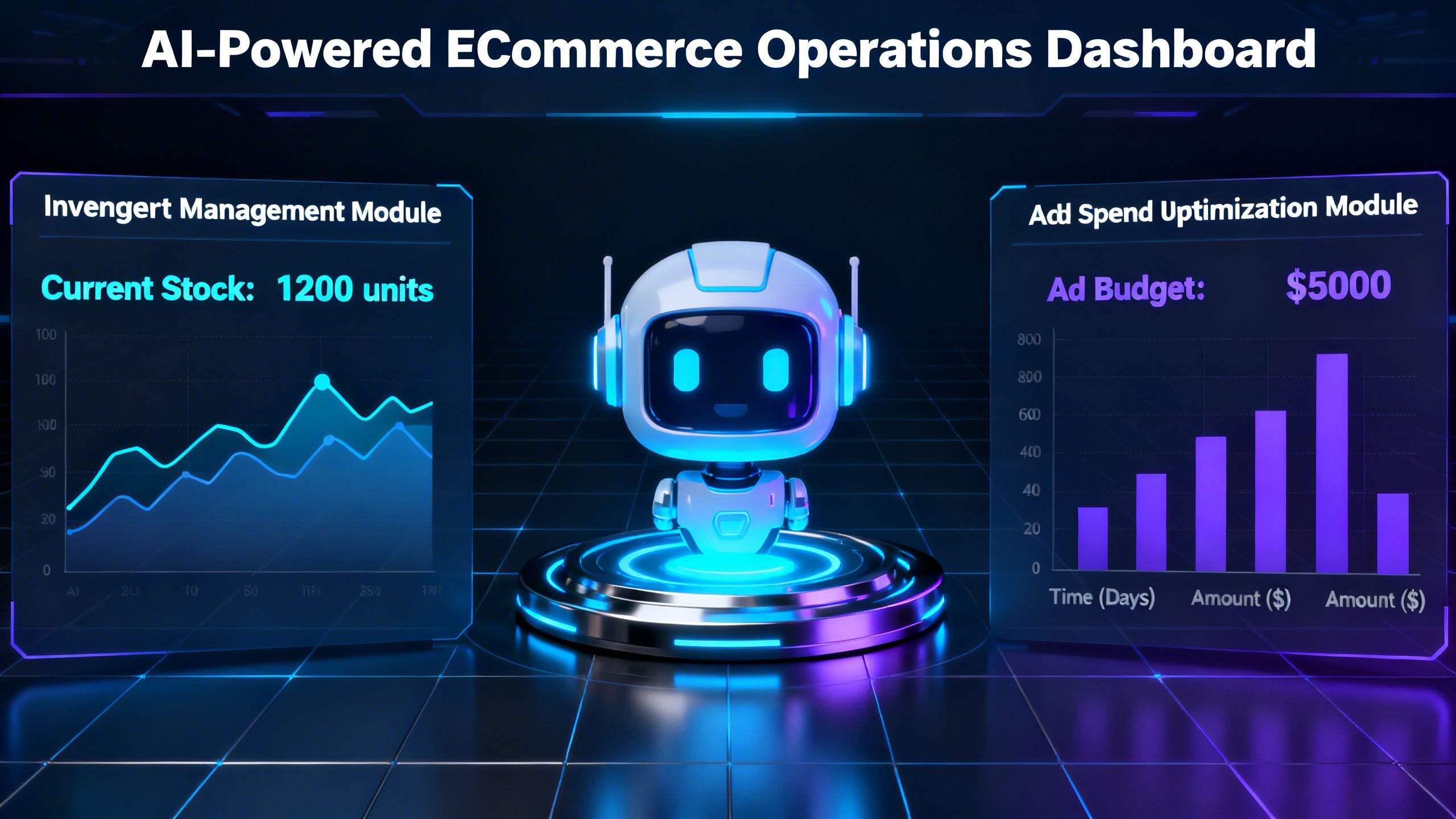 A futuristic dashboard showing an AI agent autonomously managing inventory levels and ad spend for an eCommerce store.