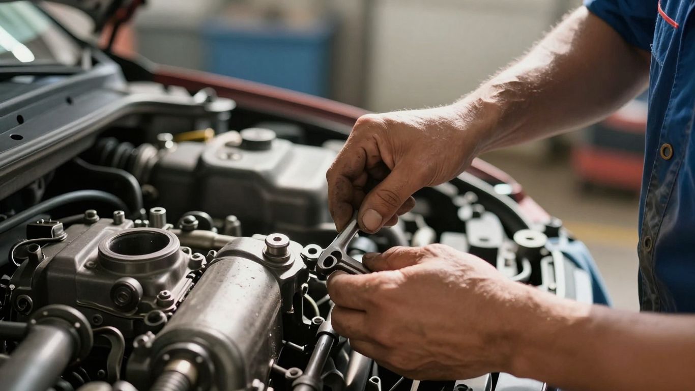 Mechanic fixing a car engine with tools.
