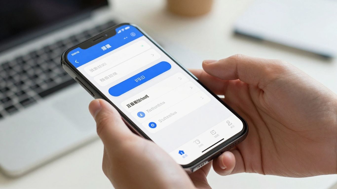 Hands holding smartphone with digital interface