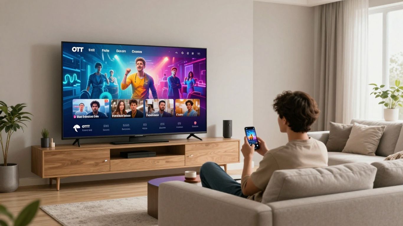 Person watching OTT streaming ad on TV.