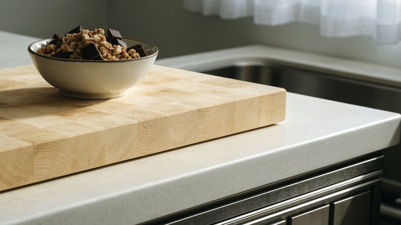 End grain maple board beside chopped nuts and chocolate