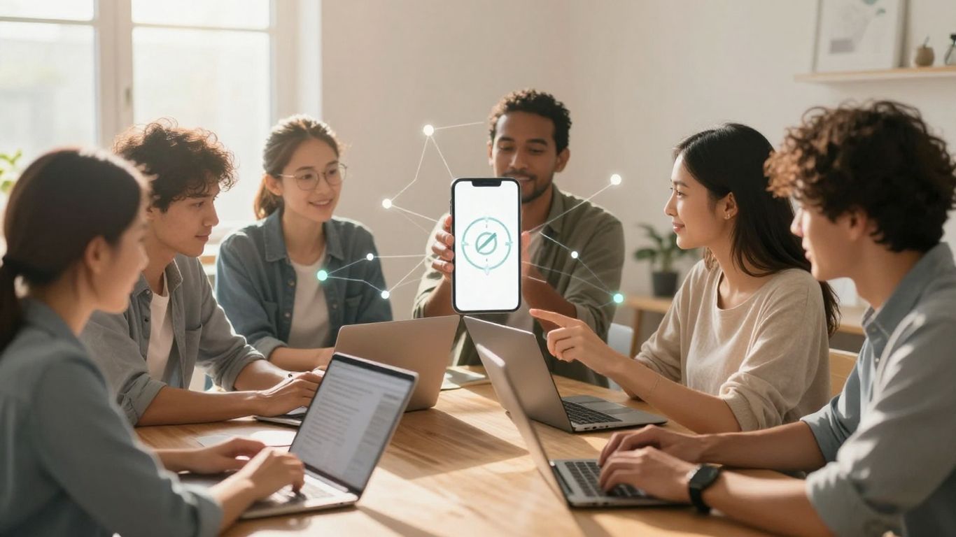 Pessoas interagindo com dispositivos digitais e conexões online.
