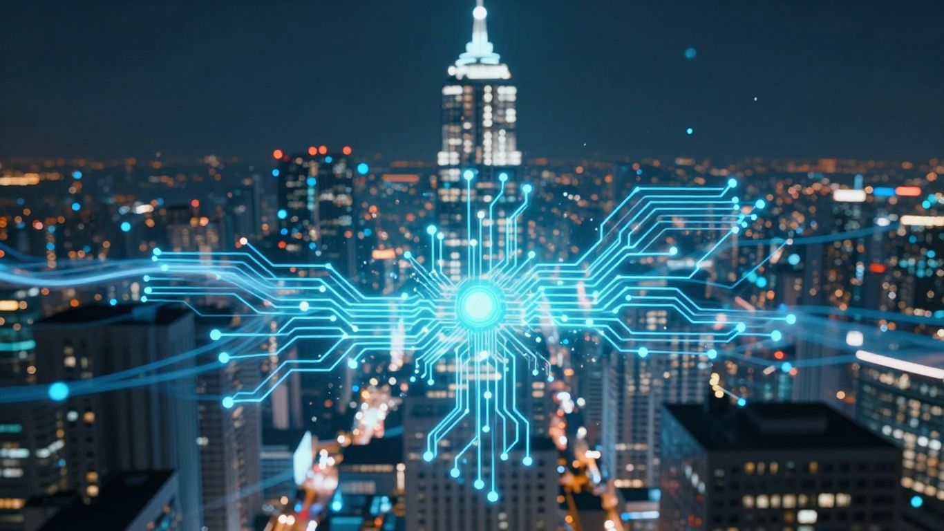 Convergência de IA e computação quântica em paisagem futurista.