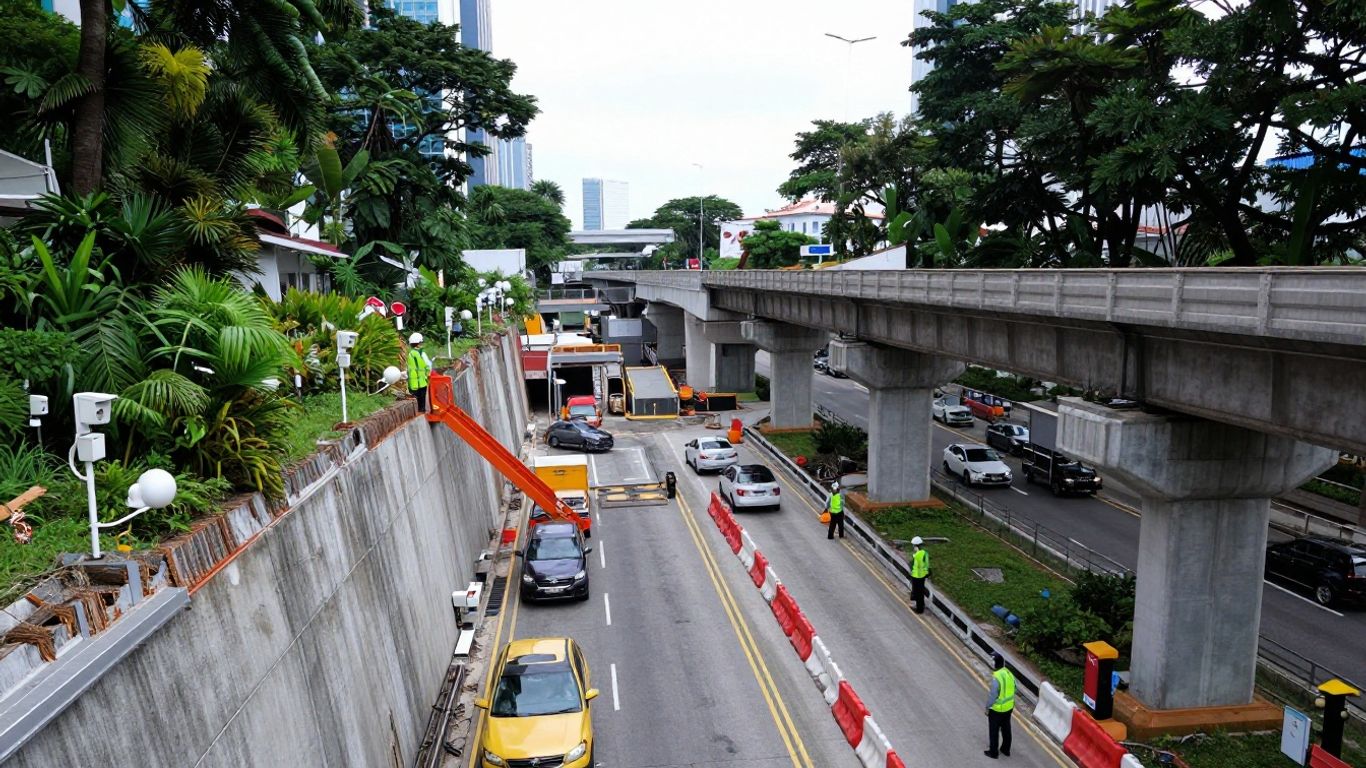 Excavation works beside urban rail and protected roadway