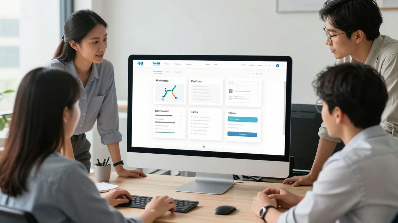 Modern web design review session in Singapore office showing clean wireframes