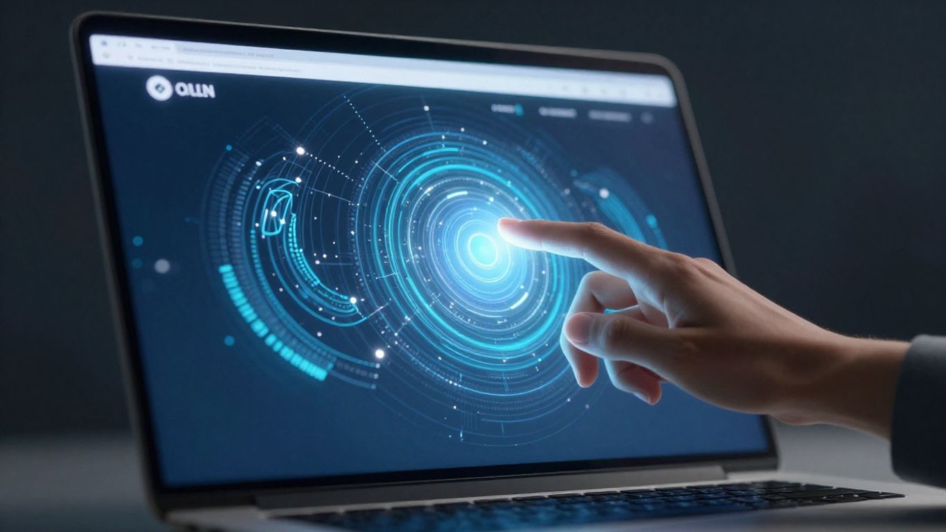 Modern website design on a laptop screen with digital patterns.
