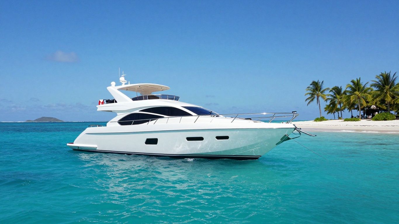 Luxury yacht near Caribbean beach and turquoise water
