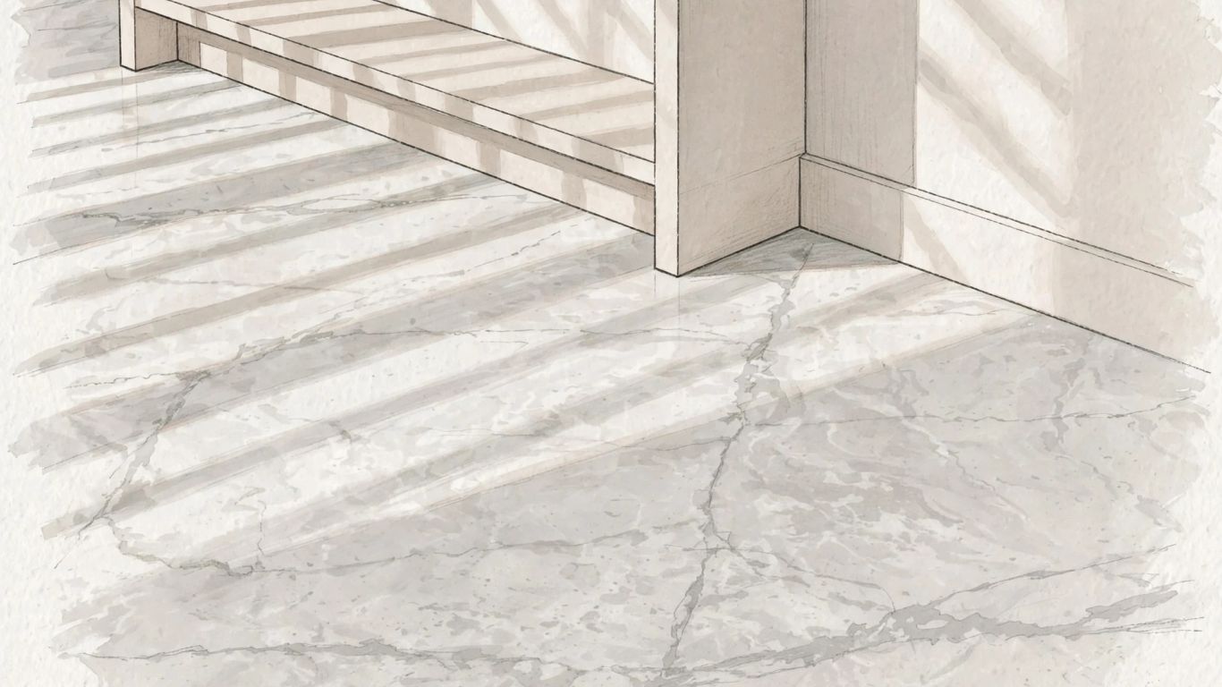 Illustrative sketch of honed marble tile in a bright interior