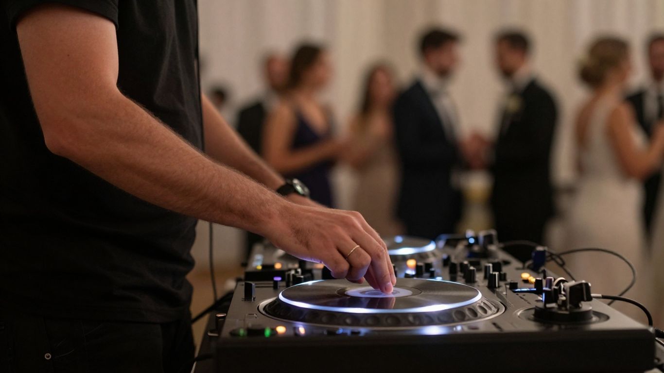Wedding DJ adjusting turntable at reception