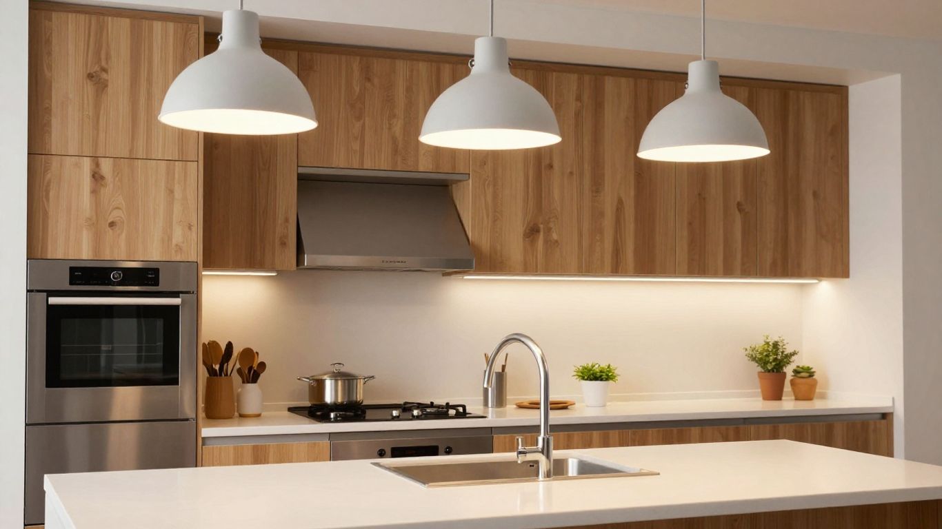 Ikea pendant lights illuminating a modern kitchen.