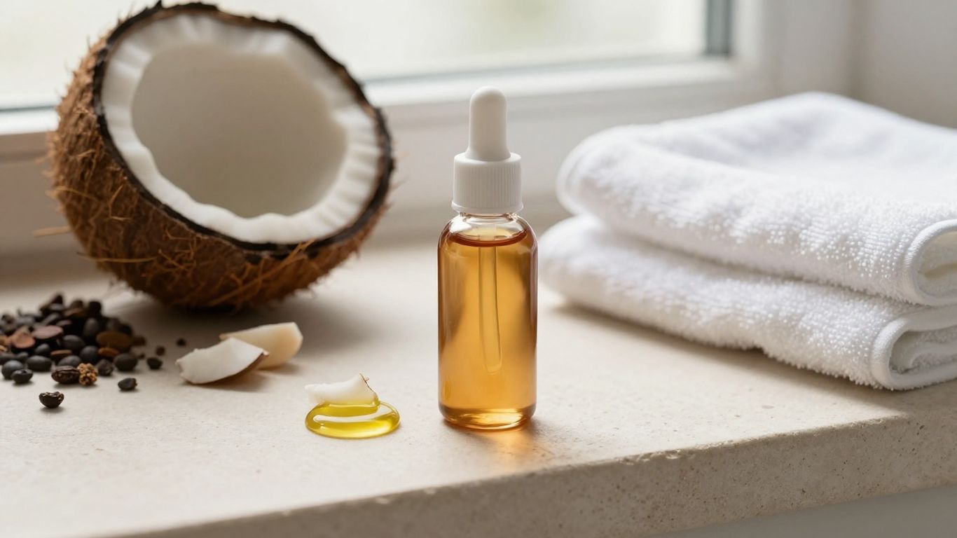 Amber oil lubricant bottle beside botanical ingredients