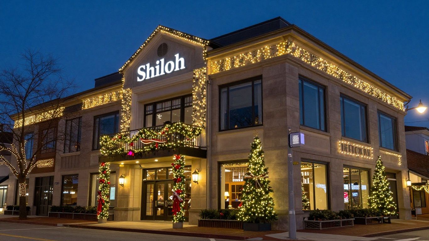 Festive commercial building illuminated with Christmas lights in Shiloh.