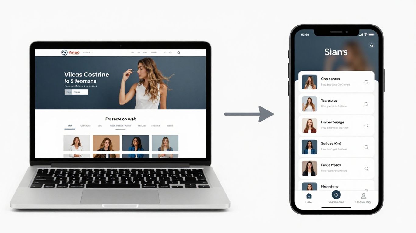 Website transforming into a mobile app on a phone.