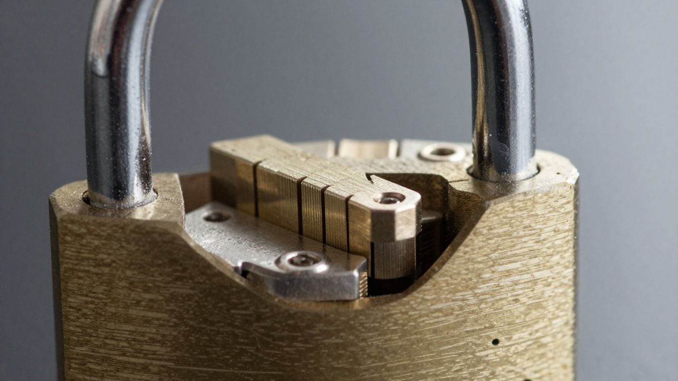 Close-up of an open padlock mechanism with tools.