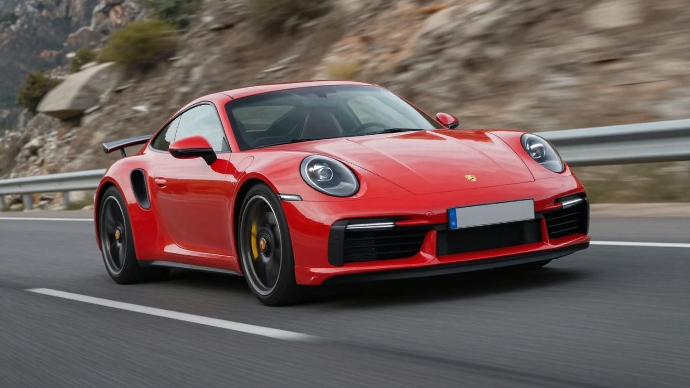 Porsche 911 Turbo S driving on a scenic road.