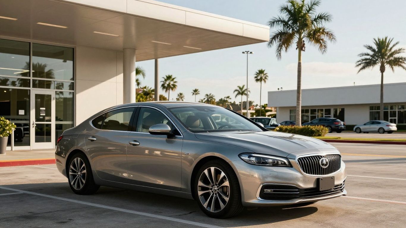 A clean luxury sedan parked at a modern airport terminal exit.