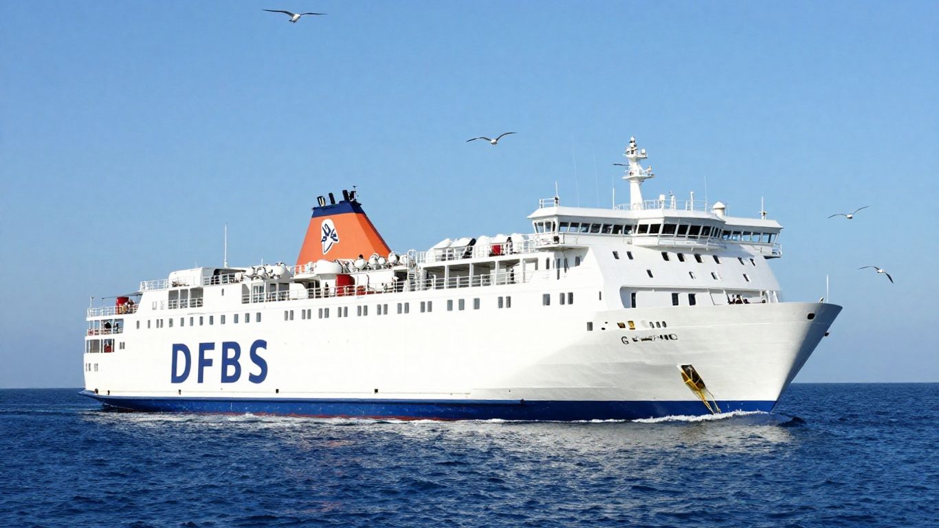 DFDS Seaways ferry sailing on a calm blue sea.