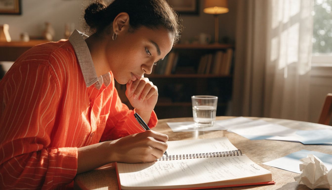 Pessoa refletindo sobre suas habilidades e anotando seus pontos fortes em um caderno, em um ambiente iluminado e acolhedor