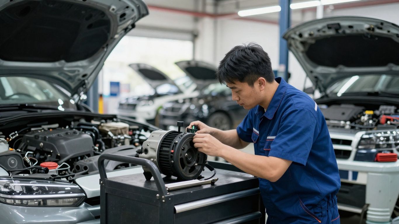 Mechanic inspecting vehicle components in a clean garage