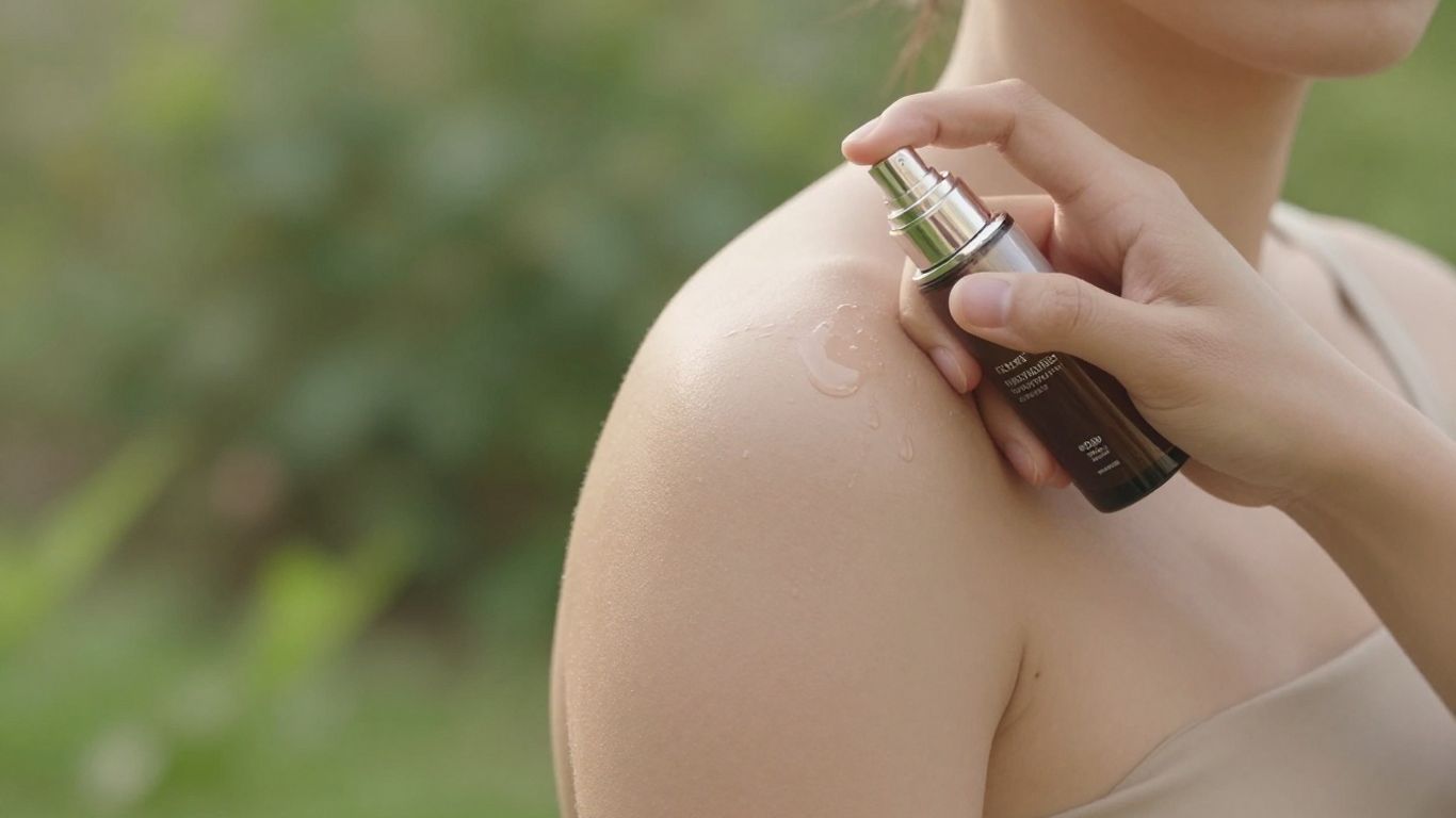 Person applying spray to their skin outdoors