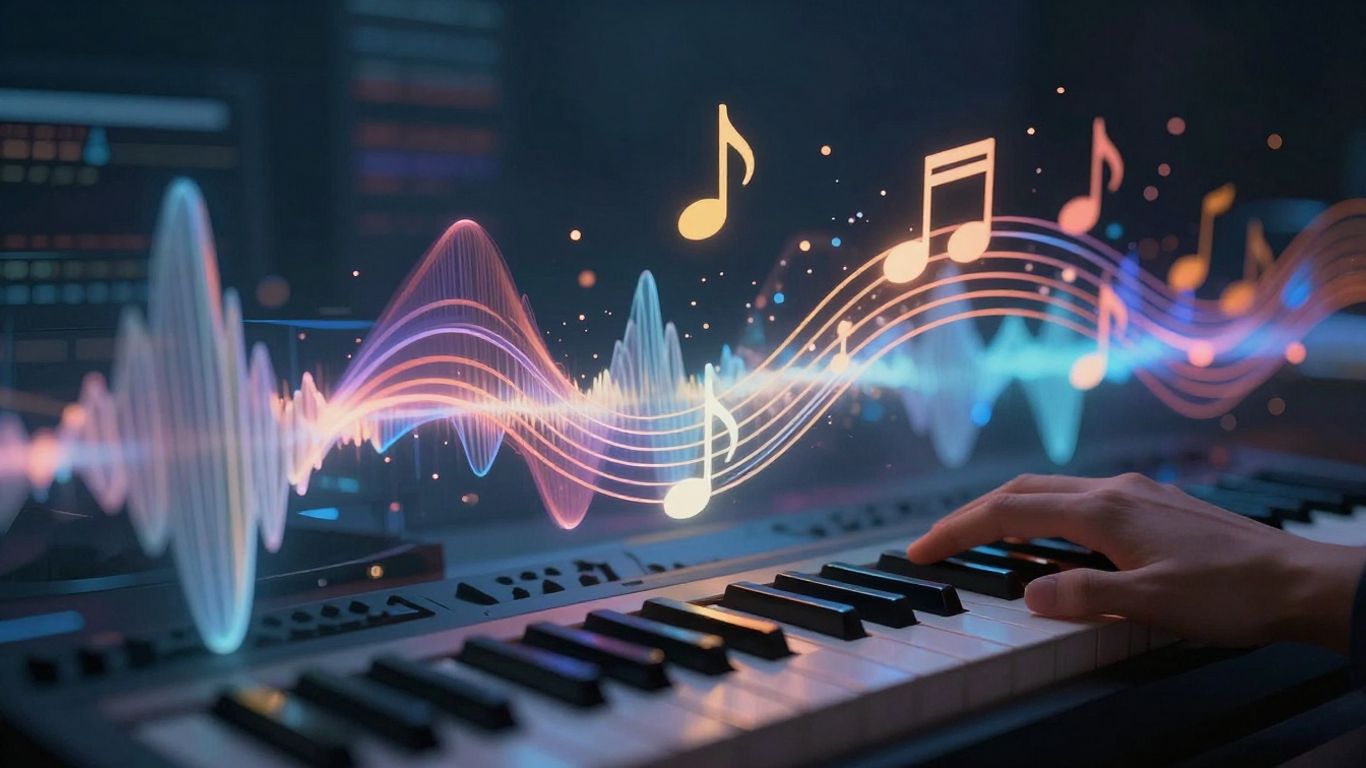 Text transforming into music with sound waves and notes.