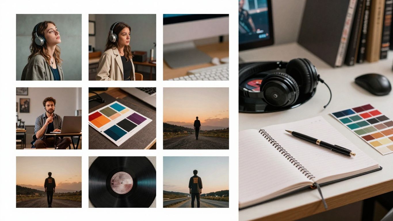 Album rollout moodboard with neon studio scenes