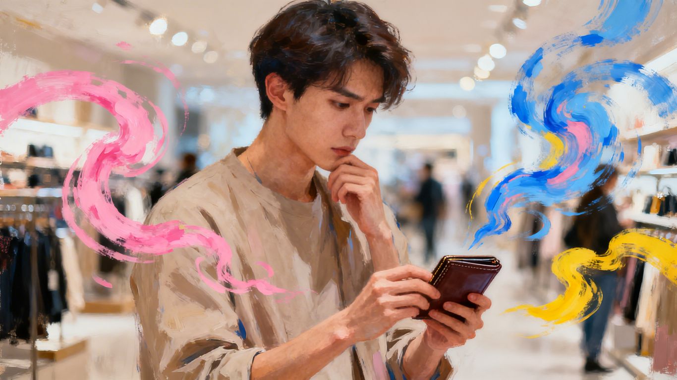 Person holding wallet, surrounded by emotional spending triggers.