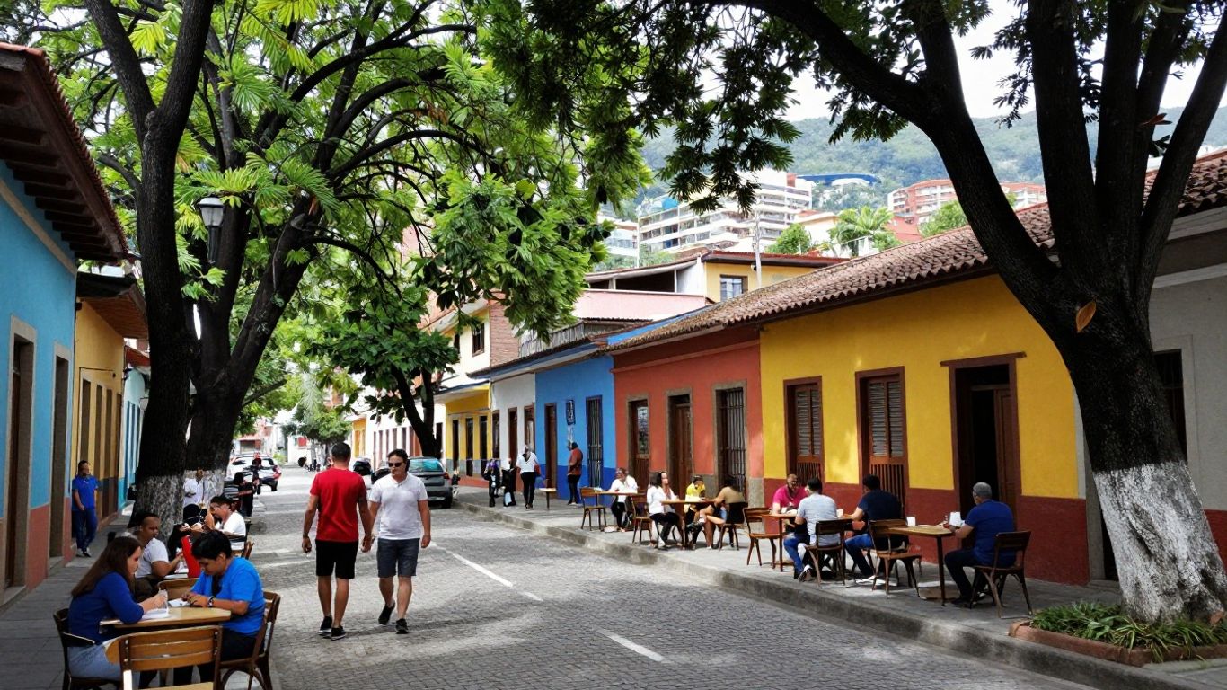 Colorful Laureles street with people and trees in Medellin.